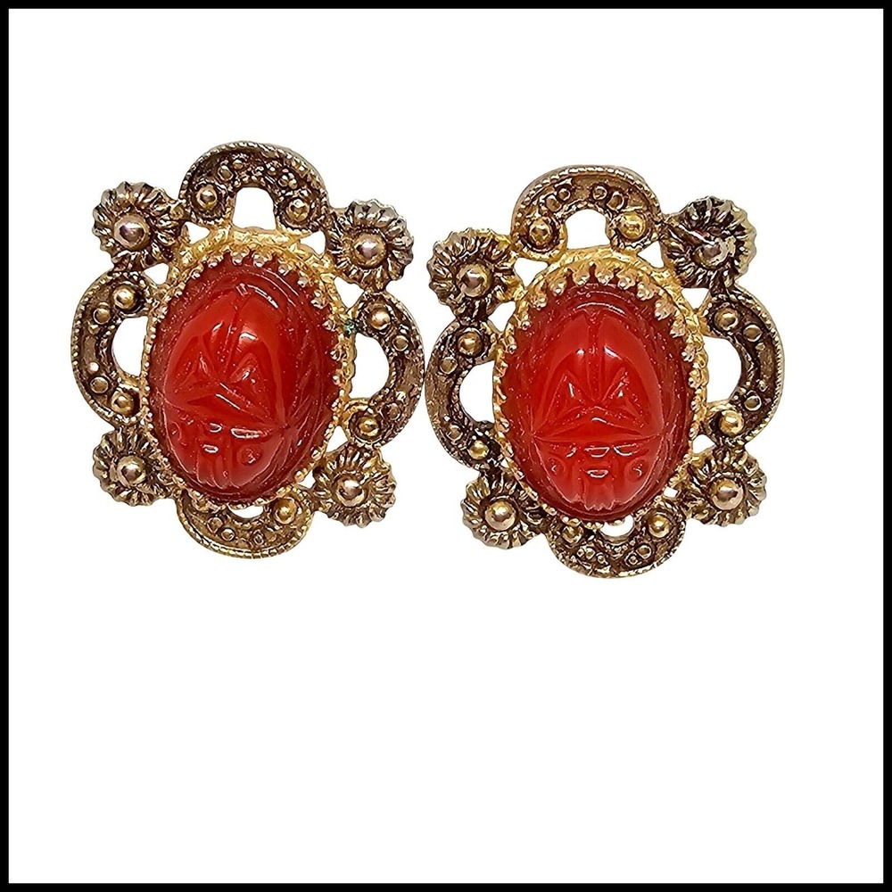 Vintage signed Marino Oval Filigree Red Stone Carved Clip On Earrings